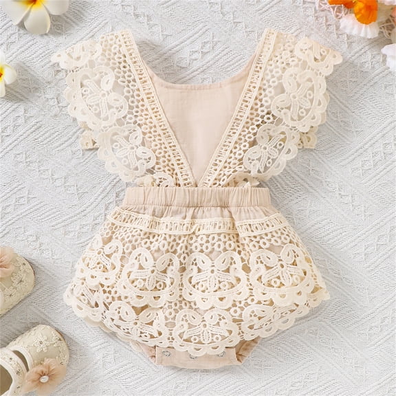 Baby Rompers Girl Girls Boho Lace Romper Dress Ruffle First Birthday Jumpsuits Girls Jumpsuit Beige 12-18 Months