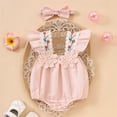 thumbnail image 1 of Baby Rompers Girls Gingham Floral Embroidery Ruffle Sleeve Romper Bodysuit with Headband Summer Casual Girls Romper Size 9-12M, 1 of 9