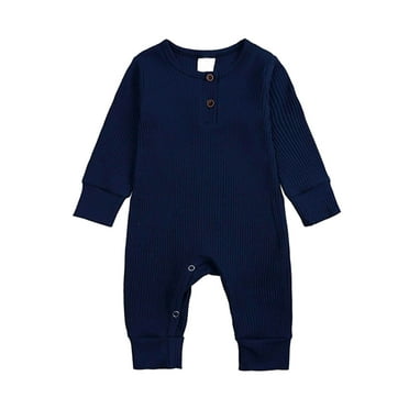Baby Rompers Long Sleeve Ribbed Solid Color Jumpsuit Outwear Babys Clothes Baby Boy Onesies Navy 12 Months-18 Months