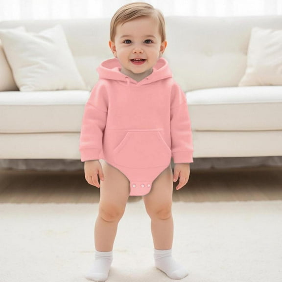 Baby Rompers Long Sleeve Boys Girls Cotton Hooded Sweatshirt Pink 6-12Months