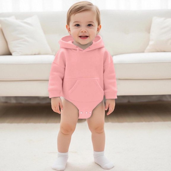 Baby Rompers Long Sleeve Boys Girls Cotton Hooded SweatshirtPink 1-2Years