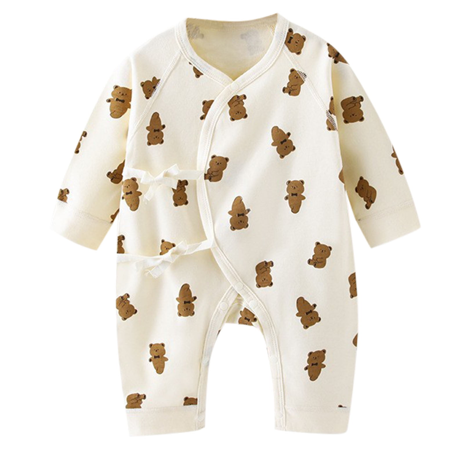 Baby Boy/Girl All Over Cartoon Bear Print Dropped Shoulder Short-sleeve Romper