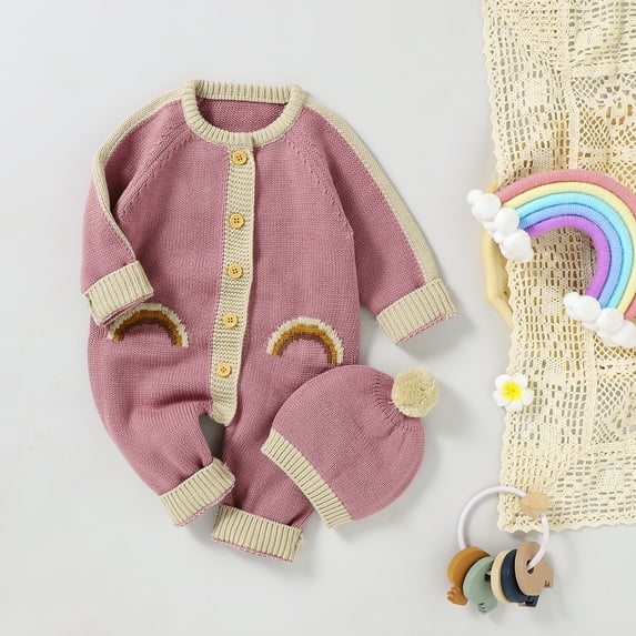Baby Rompers Winter Warm Knit Newborn Boys Girls Rainbow Jumpsuits Hats Outfits Sets 0-18m Toddler Infant Kids Playsuits Clothes