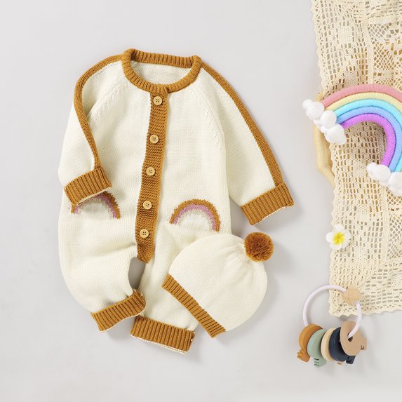 Baby Rompers Winter Warm Knit Newborn Boys Girls Rainbow Jumpsuits Hats Outfits Sets 0-18m Toddler Infant Kids Playsuits Clothes