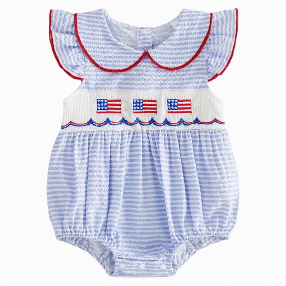 Baby Ruffle Collar Romper with Flag Embroidery and Striped Pattern