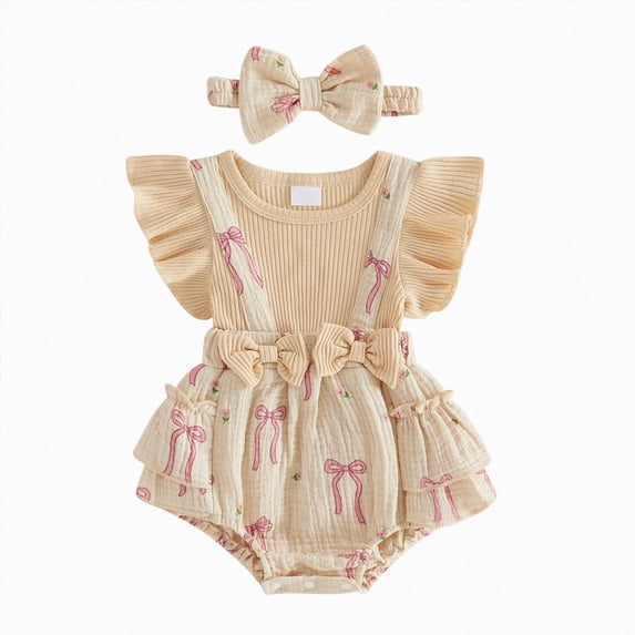 Baby Ruffle Sleeve Bodysuit with Bow Print and Waist Tie,Matching Headband Set