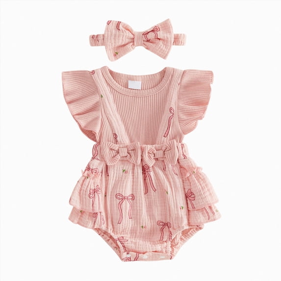 Baby Ruffle Sleeve Bodysuit with Bow Print and Waist Tie,Matching Headband Set