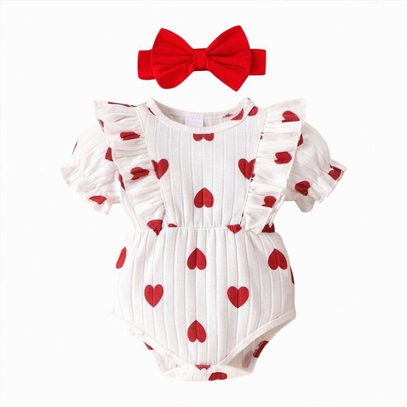 Baby Ruffle Sleeve Romper with Heart Print and Matching Bow Headband,Summer Outfit