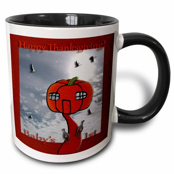 3drose, Baby S First Thanksgiving, Two Turkeys Great Pumpkin Adventure, 15oz Two-tone Black Mug
