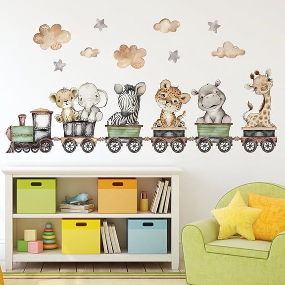 Baby Safari Animals Train Wall Decals Stickers, African Jungle Elephant Zebra Giraffe Hippo Lion Leopard Cheetah Neutral Nursery Toddler Decor, Kids Room Home Decorations Bedroom Playroom Art