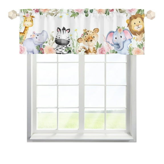 Baby Safari Animals Valance for Kids Toddler Nursery Bedding 54''x18'' Lion Elephant Leopard Zabra Giraffe Hippo Tropical Flowers Short Curtain Panel for Living Room Bathroom Playroom