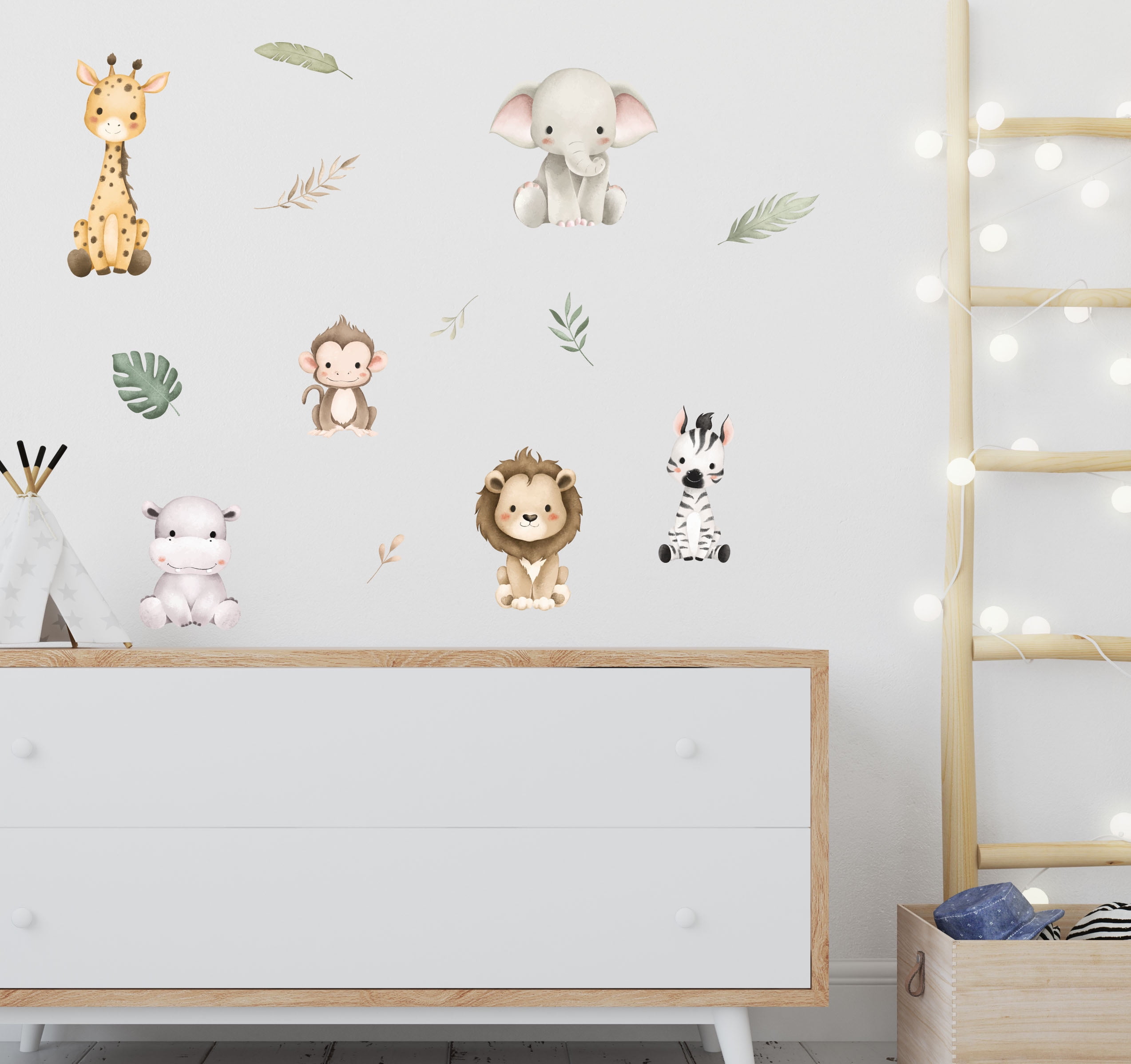 Baby Safari Animals Watercolor Wall Decal, Watercolor Wall Sticker, Nursery Mural, Lion, Elephant Wall Decal, Peel and Stick  A005