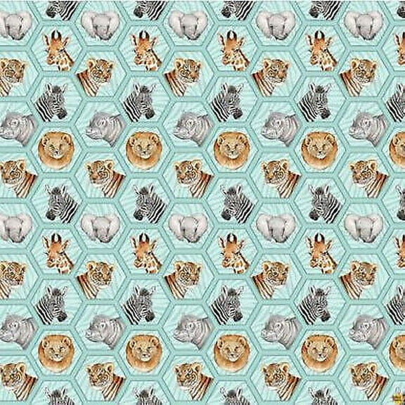Baby Safari Hexi Animals Turquoise Children's Cotton Fabric by Northcott