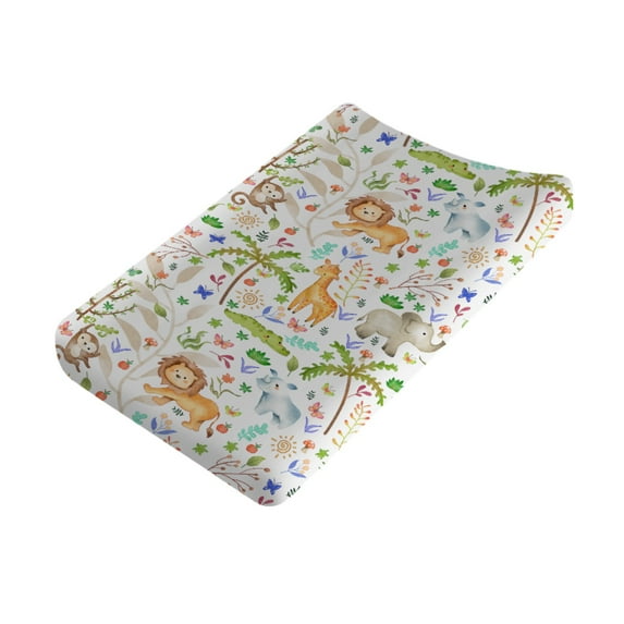Baby Safari Jungle Animals Changing Pad Cover Lion Elephant Giraffe Crocodile Trees Floral Leaves Diaper Changing Table Sheets for Boy Girl Nursery Changing Table Mats 16''x32''
