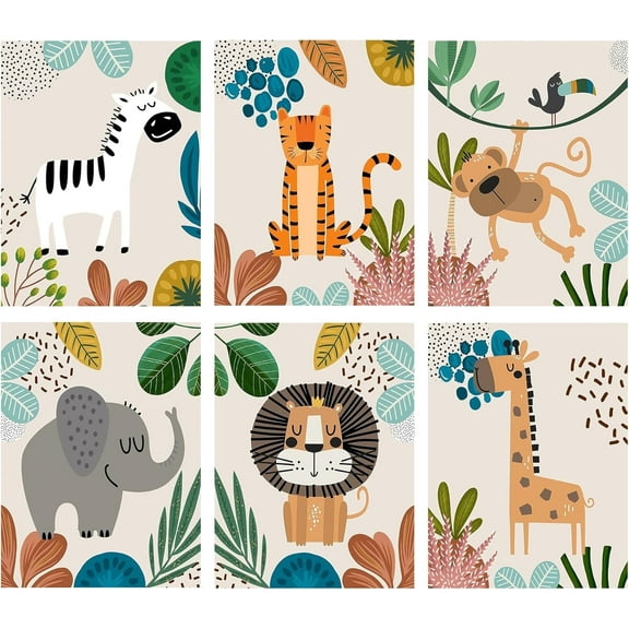 Baby Safari Nursery Wall Decor - Monkey Elephant Zebra Giraffe Cheetah Canvas Painting Nursery Lion Wall Art, Cute Animal Wall Prints on Canvas Nordic Picture Kids Room Decoration Set of 6 (11x14