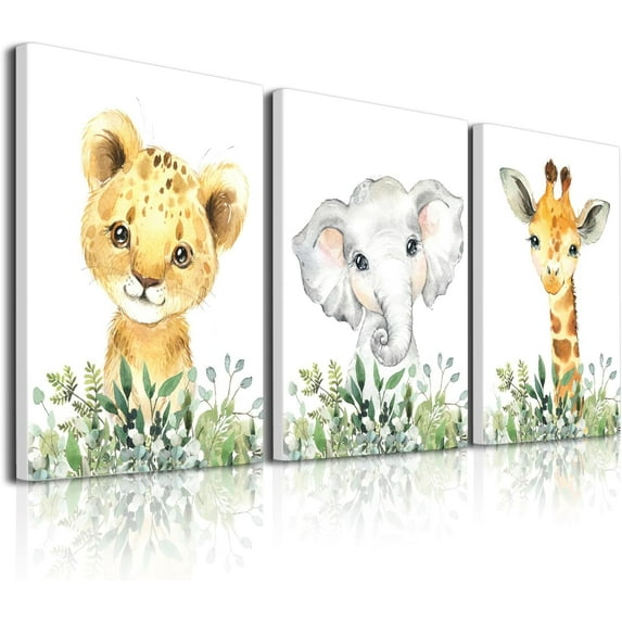 Baby Safari Nursery Wall Decor - Set of 3 Pictures Cute Animal Wall Prints on Canvas Jungle Nursery Safari Decor gifts for Baby Boys and Girls