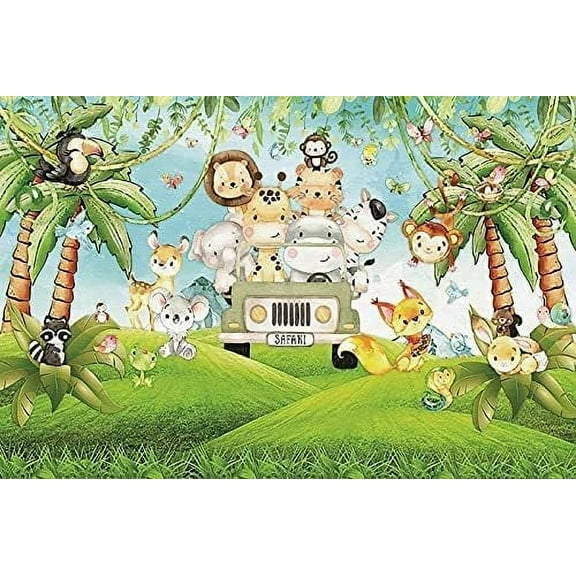 Baby Safari Themed Birthday Backdrop Jungle Animals in The Car Background for Photography Kids Baby 1st Birthday Wild One Baby Shower Party Banner Cake Smash Photo Booth Props