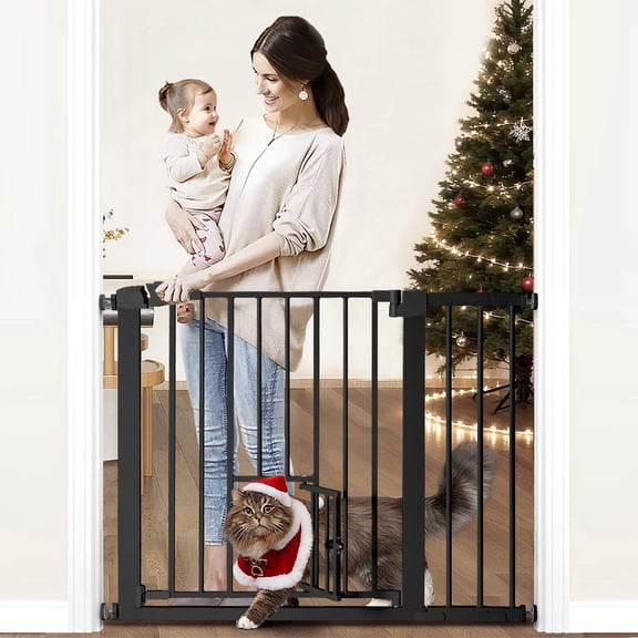 Pet Safety Gate, 29.5''-40.5''Wide Pet Safety Gate with Cat Door, Black