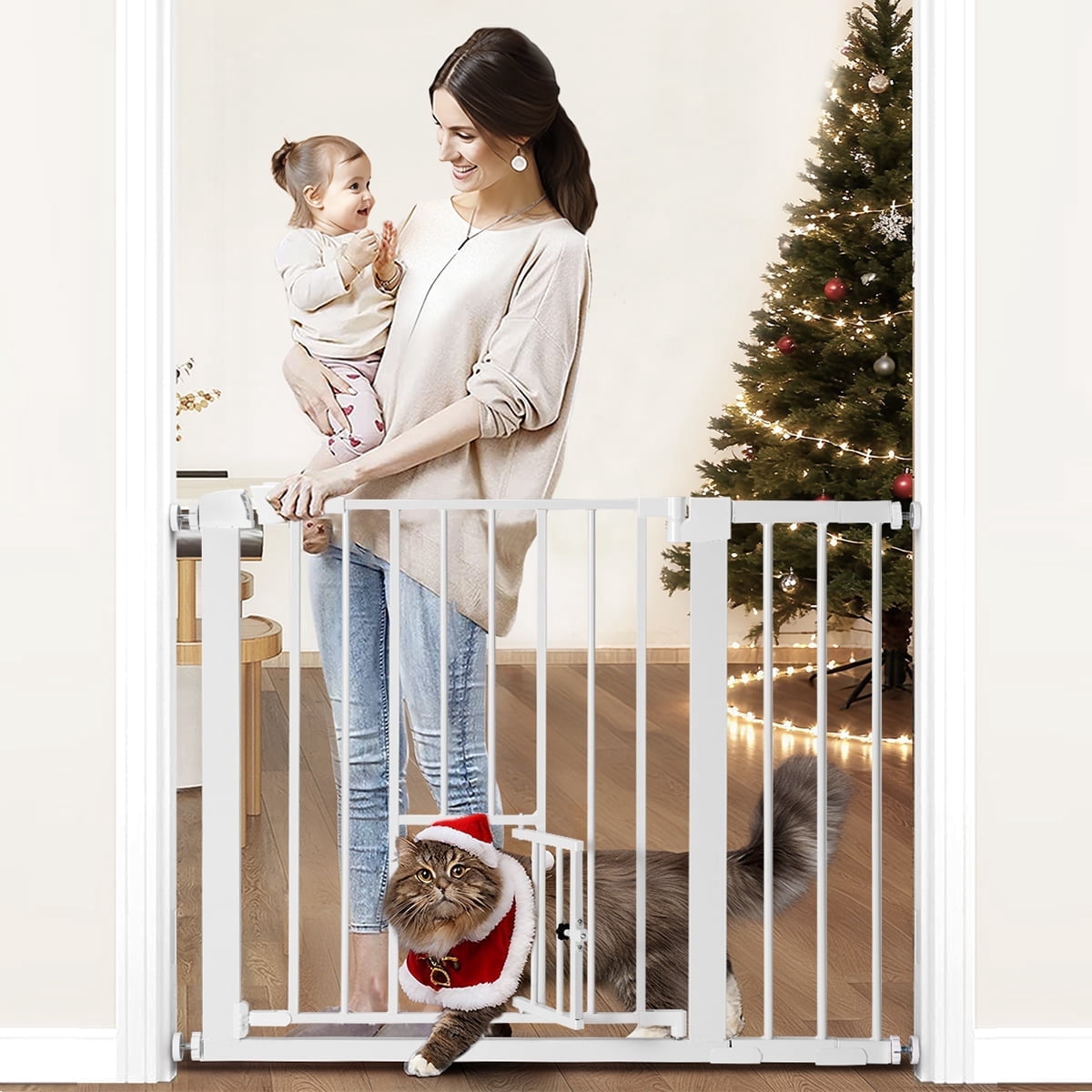 Pet Safety Gate, 29.5''-40.5''Wide Pet Safety Gate with Cat Door, White
