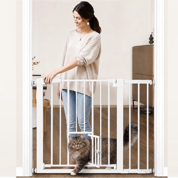 Pet Safety Gate, 29.5''-40.5''Wide Pet Safety Gate with Cat Door, White