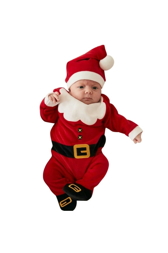 Baby Santa Romper Jumpsuit Christmas Outfit Set with Hat for Boys and Girls Red 3-6 Months