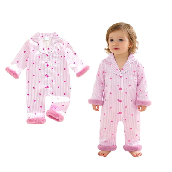 Baby Satin Pajamas Valentines Day Pajama Heart Feather Trim Button down Long Sleeve Romper Jumpsuit 18-24 Months Sleepers