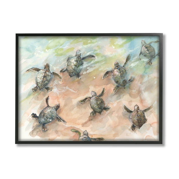 Baby Sea Turtles Swimming Shore Animals & Insects Painting Black Framed Art Print Wall Art