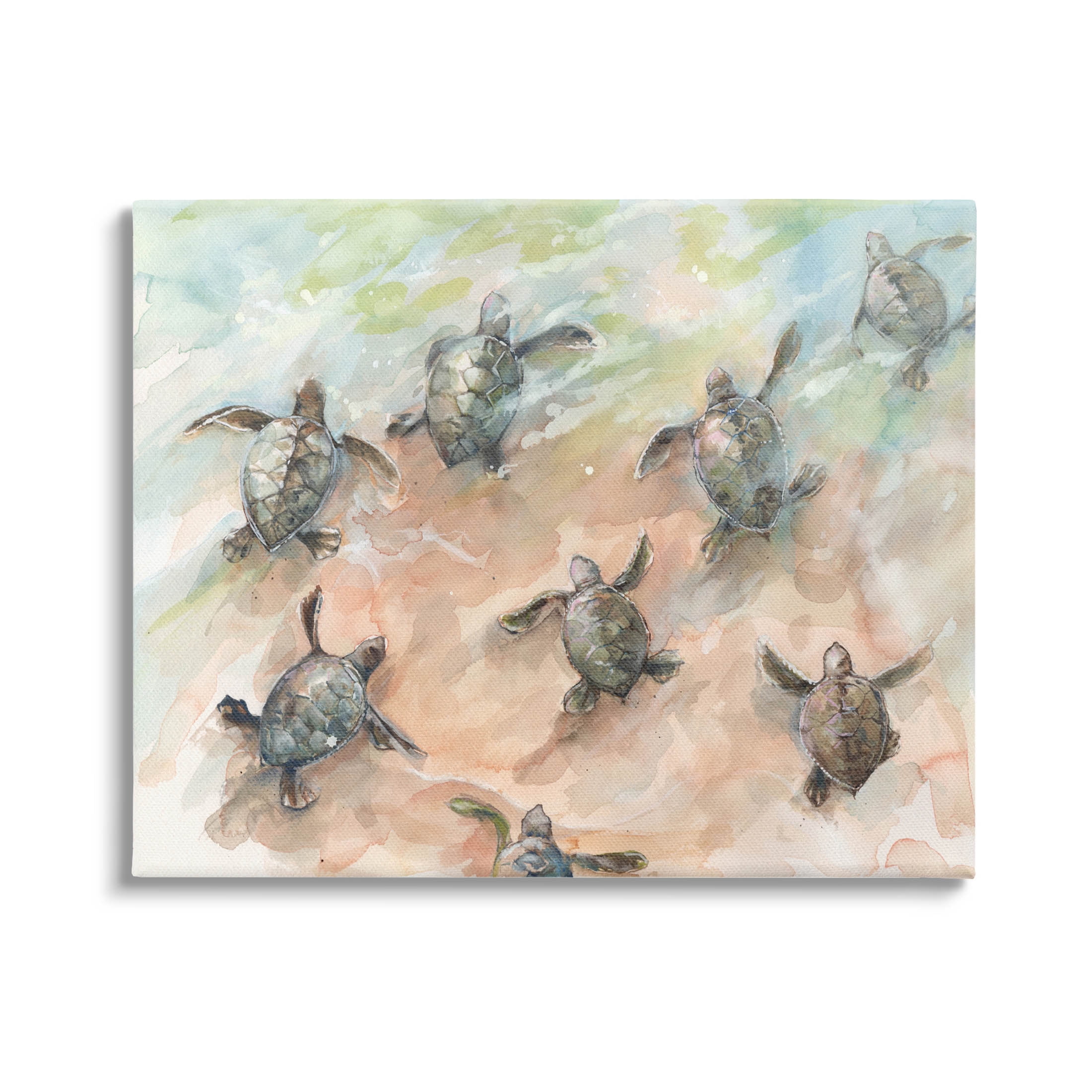 Baby Sea Turtles Swimming Shore Animals & Insects Painting Gallery Wrapped Canvas Print Wall Art