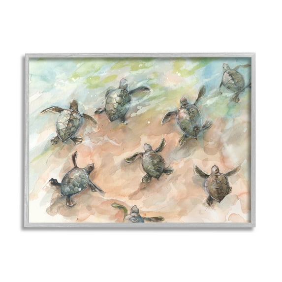 Baby Sea Turtles Swimming Shore Animals & Insects Painting Gray Framed Art Print Wall Art