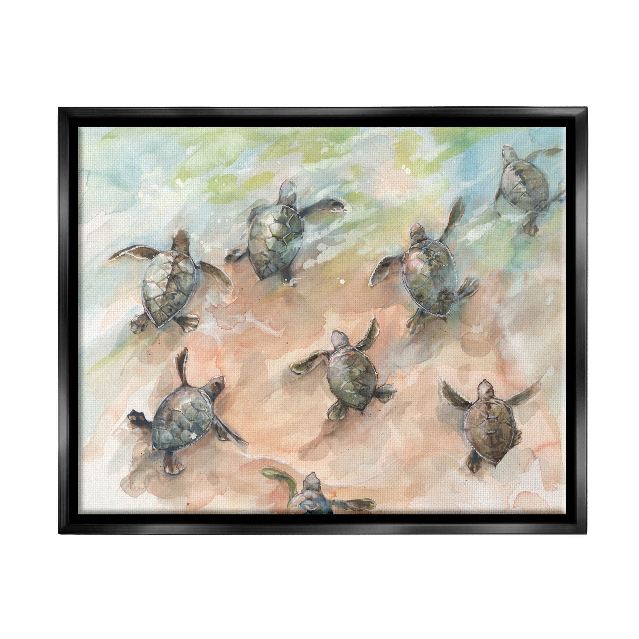Baby Sea Turtles Swimming Shore Animals & Insects Painting Jet Black Framed Art Print Wall Art