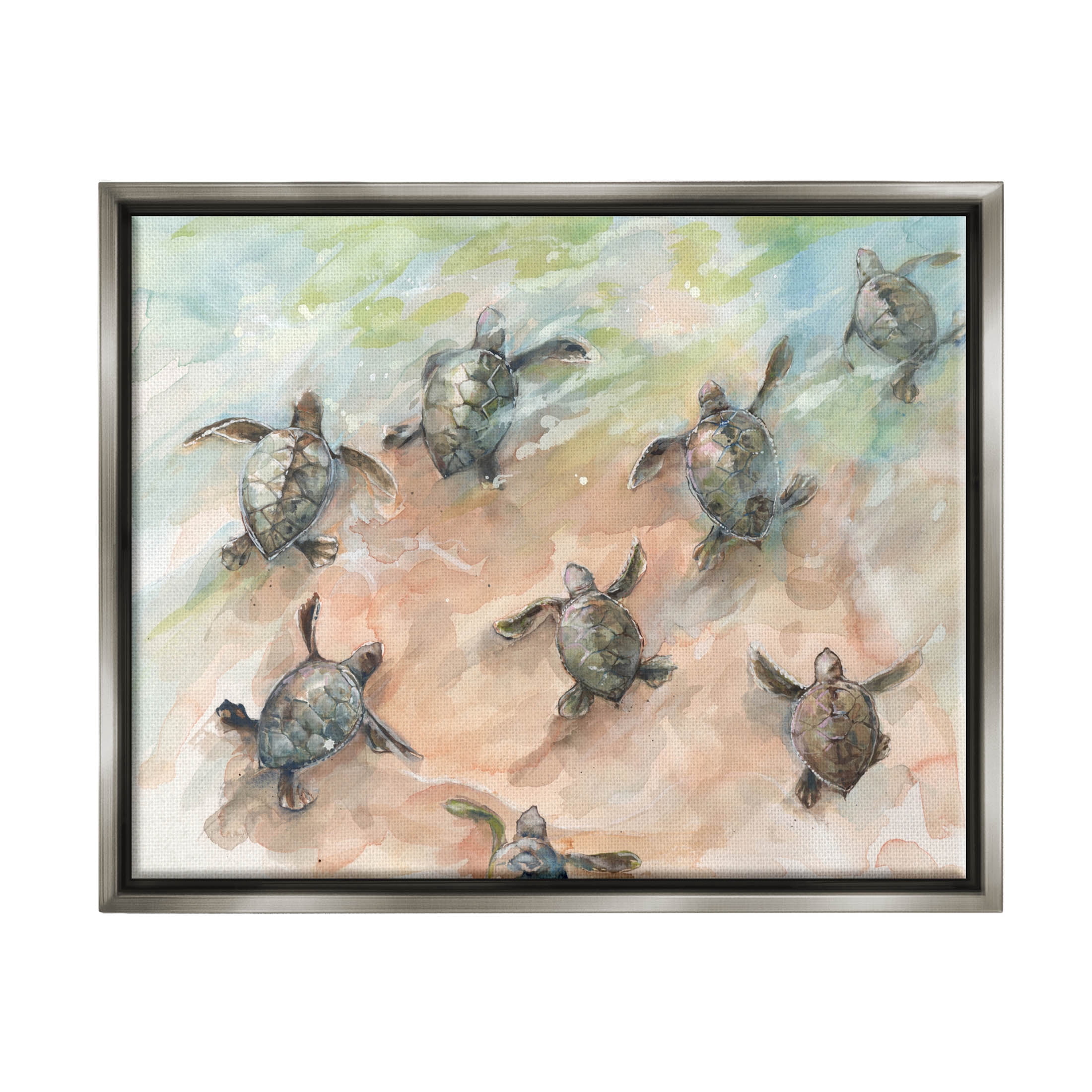 Baby Sea Turtles Swimming Shore Animals & Insects Painting Luster Gray Framed Art Print Wall Art
