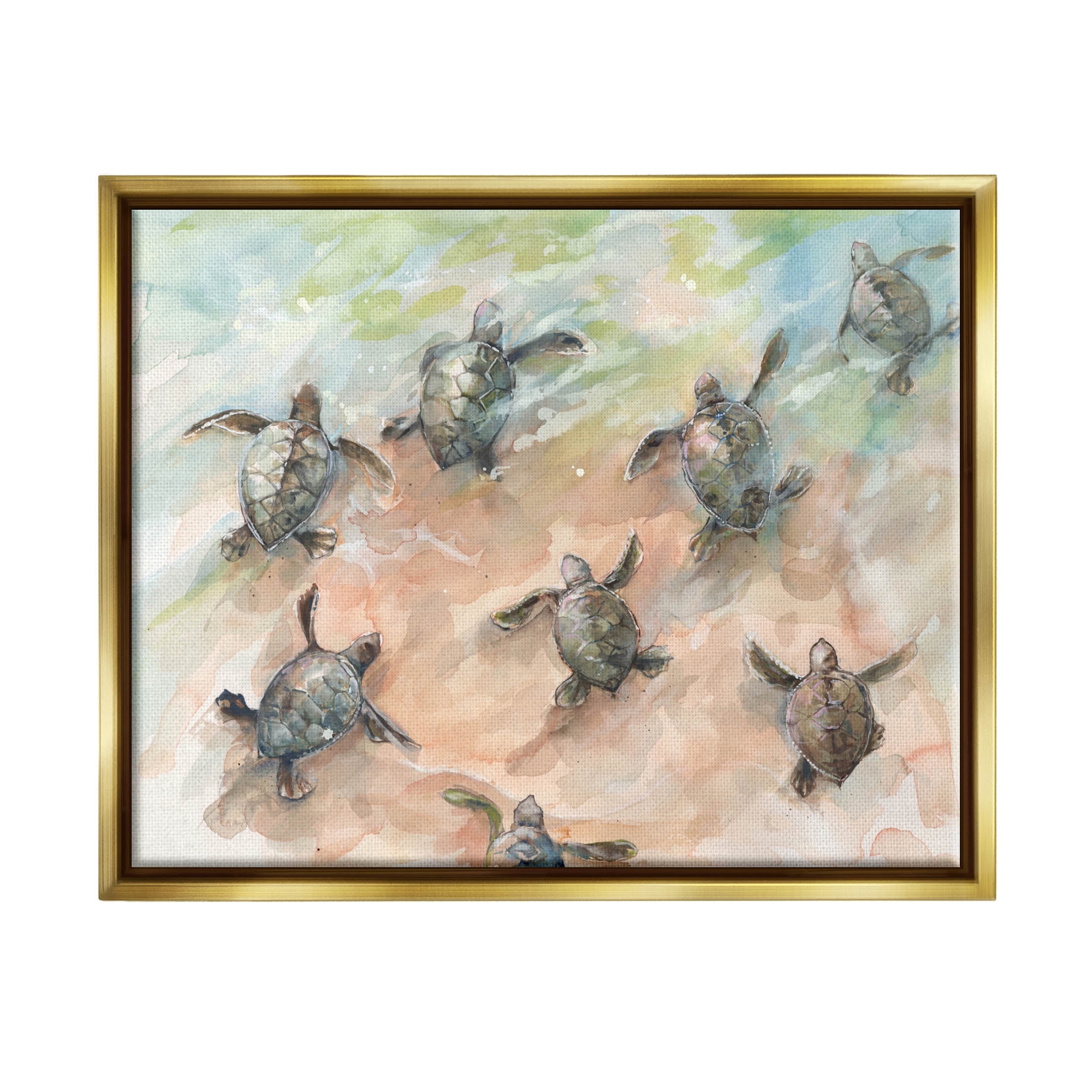Baby Sea Turtles Swimming Shore Animals & Insects Painting Metallic Gold Framed Art Print Wall Art