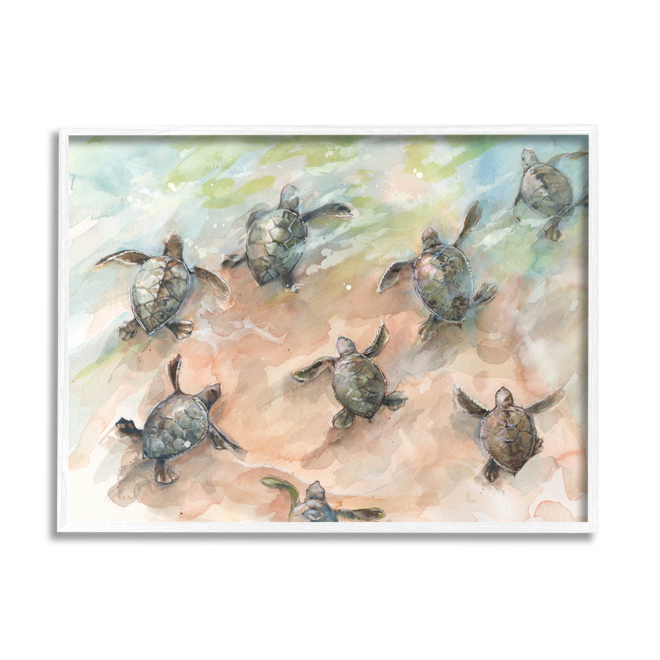 Baby Sea Turtles Swimming Shore Animals & Insects Painting White Framed Art Print Wall Art
