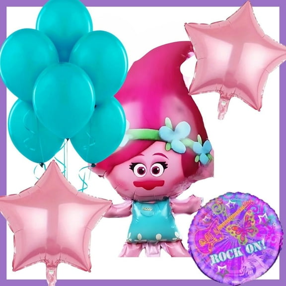 Trolls Poppy Balloon Bouquet (9pcs) - 28 Inch Mylar, Pink Stars, Turquoise Latex, Rock On Mylar, Trolls Party Decor