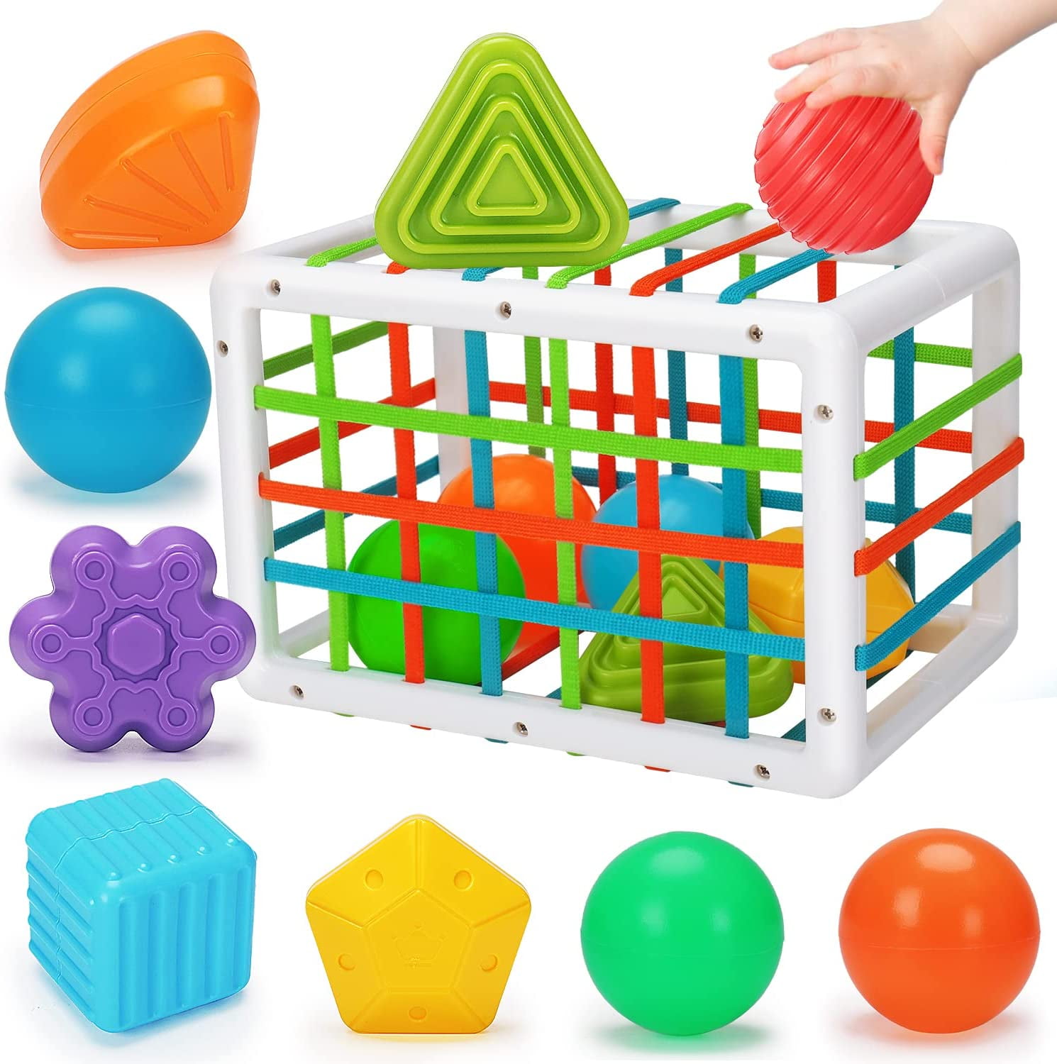 Baby Block Shape Color Sorter Toy with Elastic Band Kids Education Toy (A)  