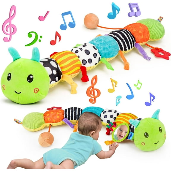 Baby Sensory Toy 0-6 Month Music Animal Stuffed Plush Caterpillar Toy for Infant 0-3-6 Month Tummy Time with Baby Mirror Crinkle Rattle 6-12 Month Newborn Boy Girl Easter Basket Stuffers Shower Gifts
