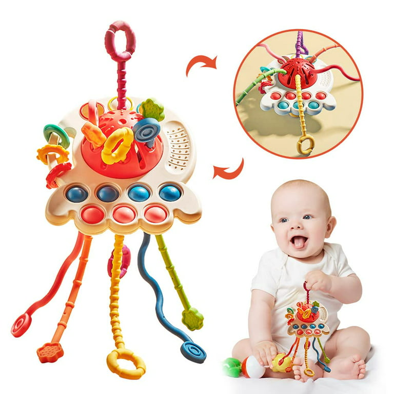 Baby Sensory Toys for 18m+ Toddler Travel Toys Ufo Food Grade Silicone Pull String Activity Toy with Simple Bubble & Sliding Magic Balls Interactive