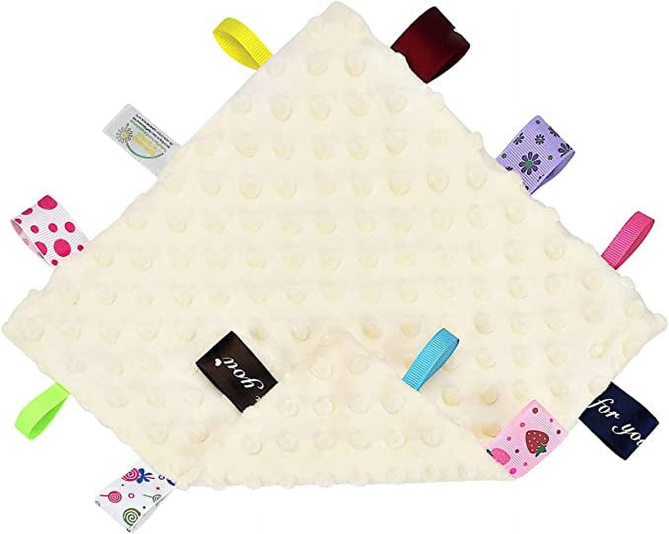 Baby Sensory Toys Tag Security Blankets Soft Baby Soothing Plush Blanket with Colorful Tags for Babies Girls 10 x 10 inches Beige