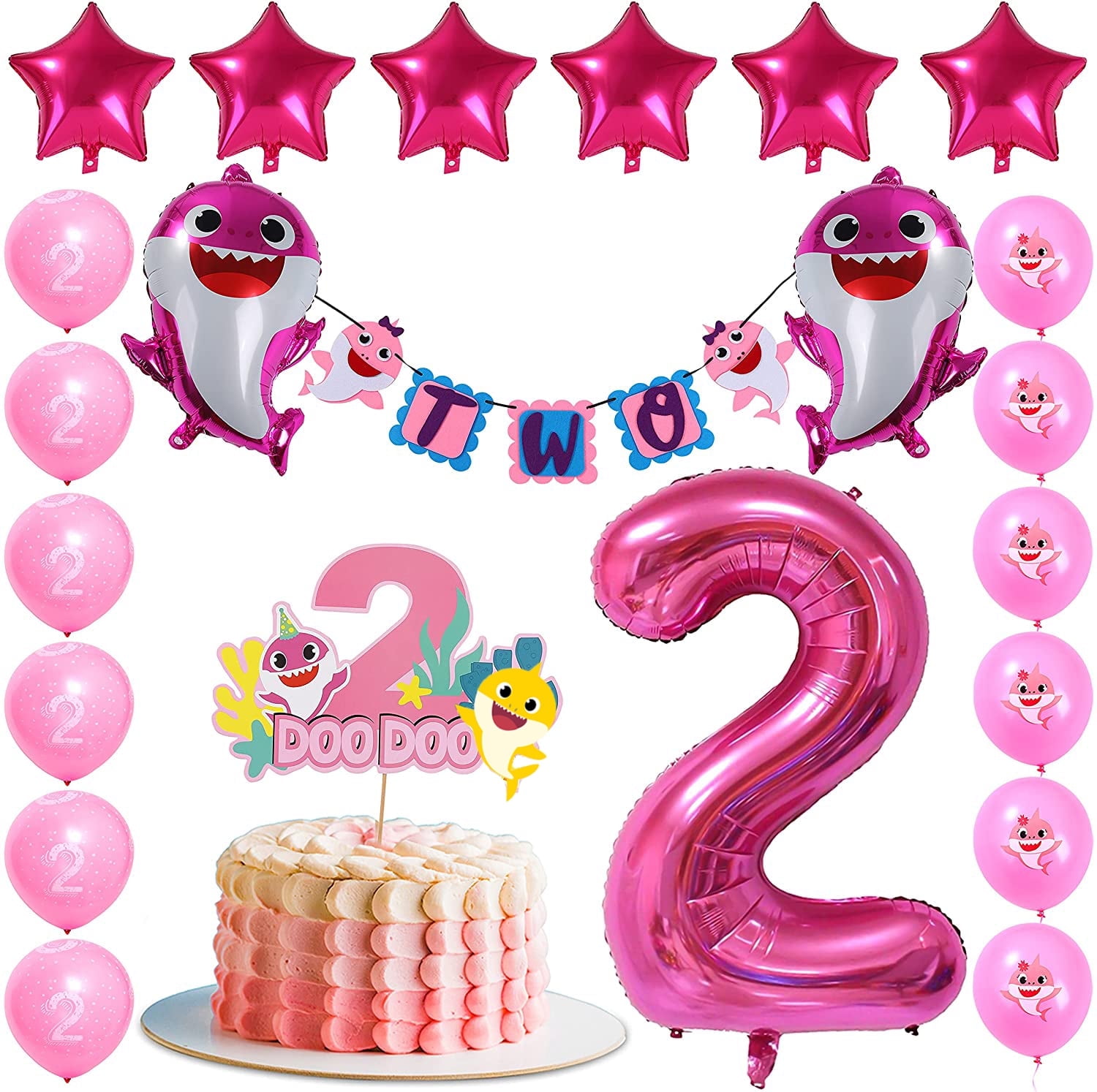 Baby Shark 2nd Birthday Decoration for Girl | Pink Shark Birthday Banner Balloon Cake Topper for Baby Shark Two Two Party Supply