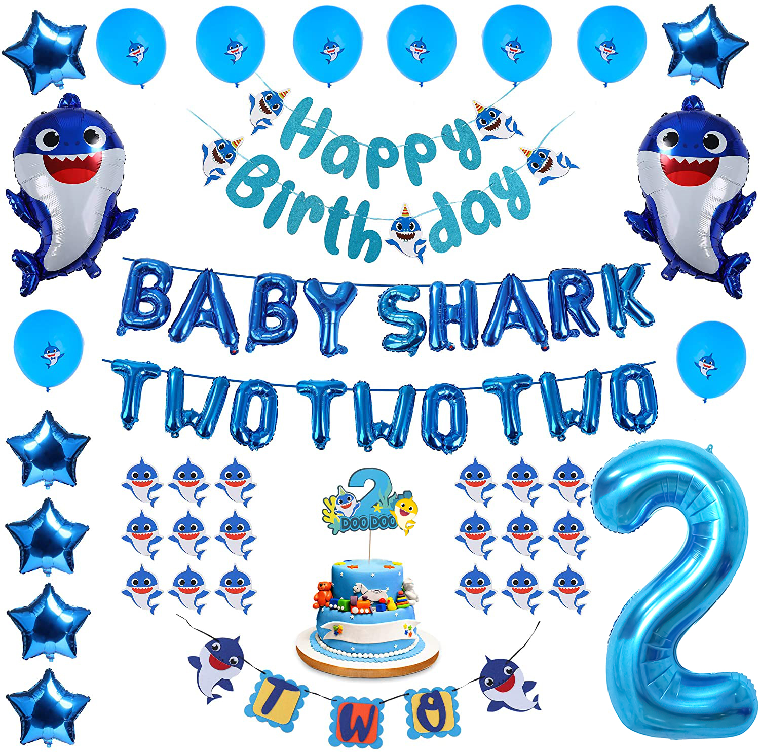 Baby Shark 2nd Birthday Decorations for Boy, Baby Shark Party Supplies Two Two Balloons, Cake Topper, Cupcake Toppers