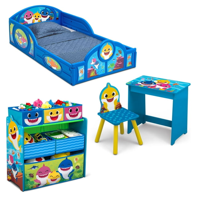 Baby Shark 4-Piece Room-in-a-Box Bedroom Set by Delta Children - Includes Sleep & Play Toddler Bed, 6 Bin Design & Store Toy Organizer and Art Desk with Chair