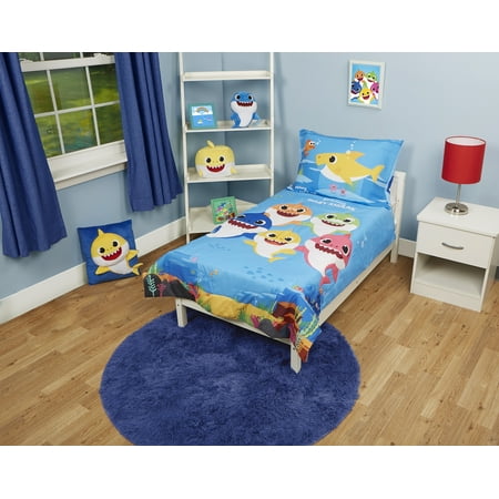 Baby Shark 4-Piece Toddler Bedding Set, Toddler Bed, Blue