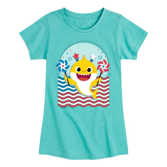 Baby Shark - American Flag - Girl's Fitted Short Sleeve Tee
