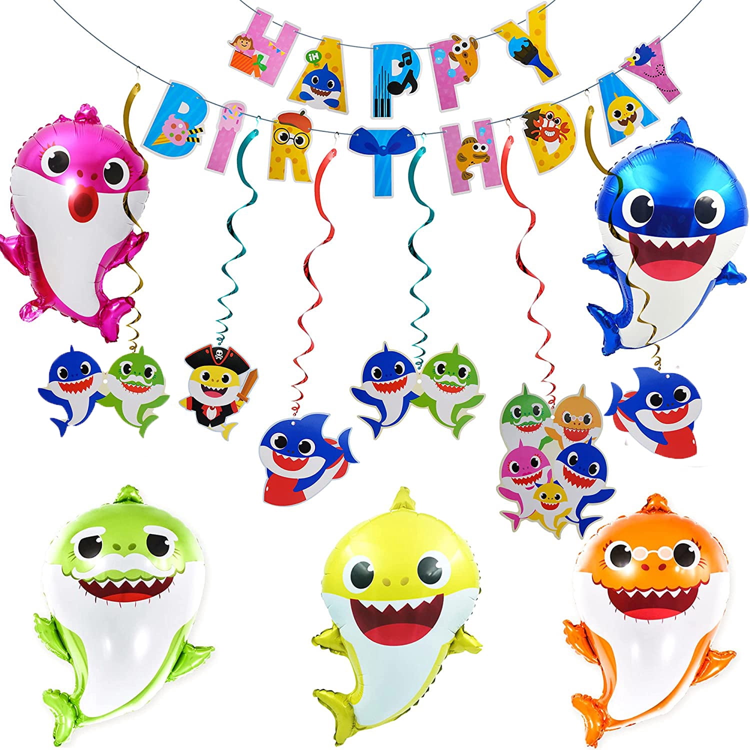 Baby Shark Birthday Decorations, 13 Piece Baby Shark Banner Balloons Swirls for Kids Party Supply
