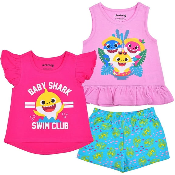 Baby Shark, Daddy Shark and Mommy Shark Girls 3 Piece 2 Short Sleeve Tee and Short Set, Toddler