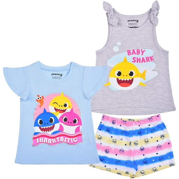 Baby Shark, Daddy Shark and Mommy Shark Girls 3 Piece 2 Short Sleeve Tee and Short Set, Toddler
