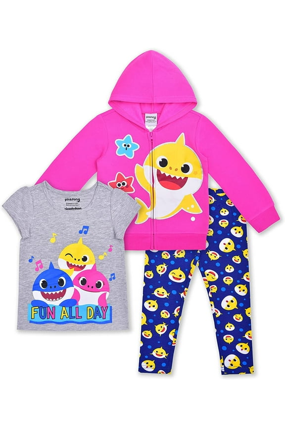 , Daddy Shark and Mommy Shark Girls 3 Piece Hoodie Short Sleeve and Legging Set, 4-6X