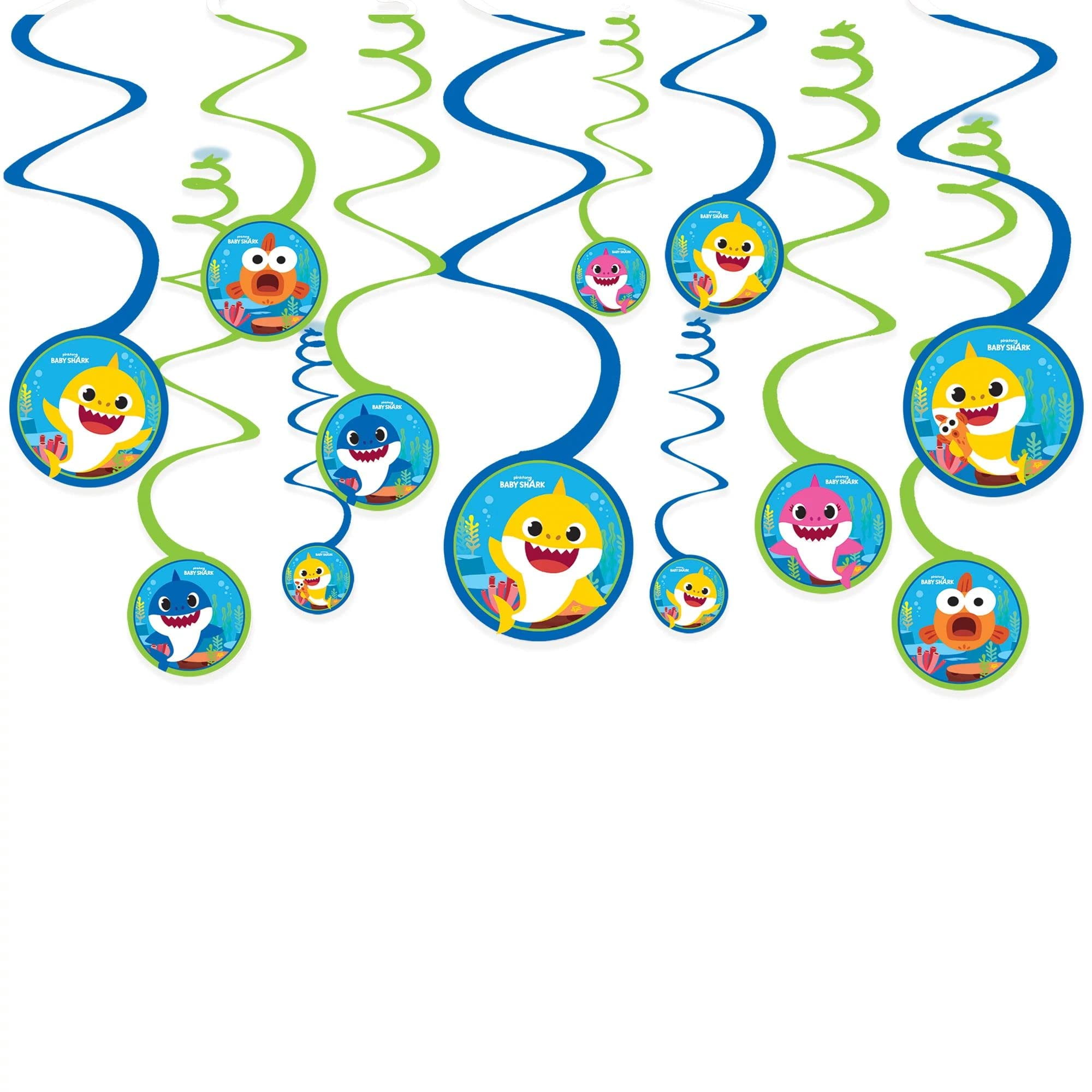 amscan Baby Shark Spiral Decoration with Cutouts - 5" | Assorted Design | Pack of 12