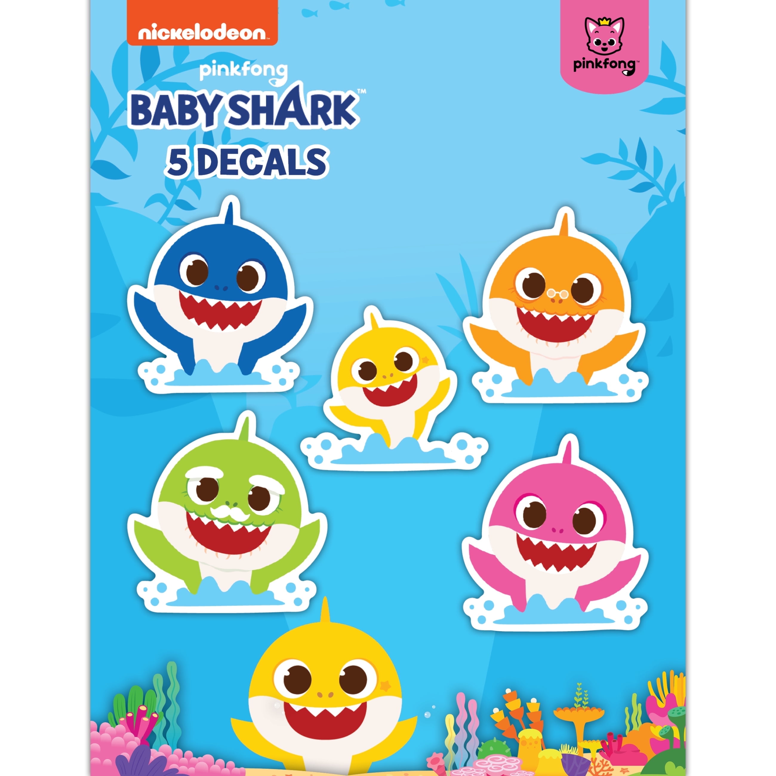 Baby Shark Decals - Set of 5 Officially Licensed PinkFong Nickelodeon Baby Shark Family Stickers for Water Bottle Tumbler Sippy Cup Toys Peeking