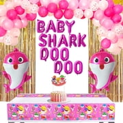 Baby Shark Doo Doo Balloon Arch for Birthday Decorations, Pink Shark Party Supply Cake Topper Table cover for Girl
